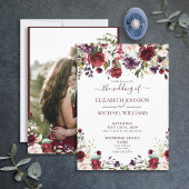 Rustic Burgundy Floral Script Photo Wedding Kaart