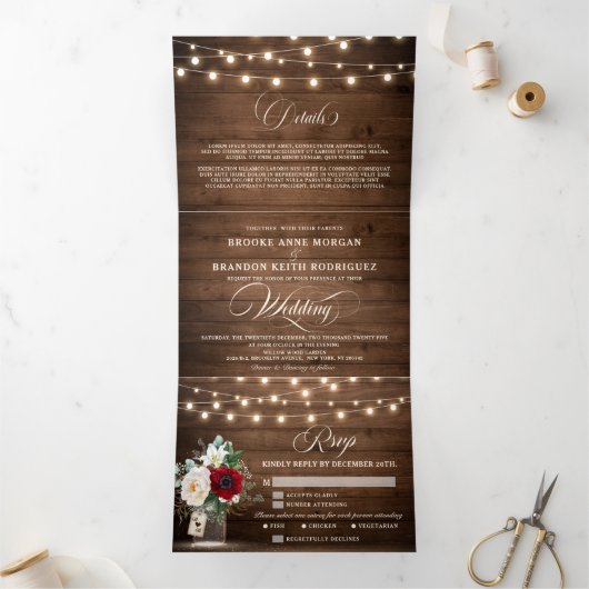 Rustic Burgundy Floral Tri-Fold Wedding Invitation Drieluik Programma (Binnen)