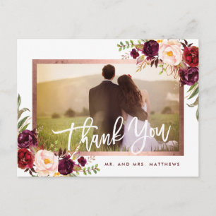 Rustic Burgundy Floral Weddenschap Foto bedankt Aankondigingskaart