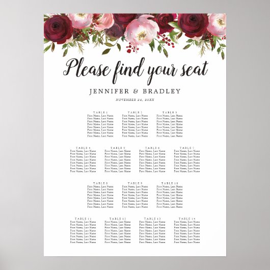 Rustic Burgundy Floral Wedding 14 Tabelgrafiek Poster (Voorkant)