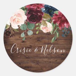 Rustic Burgundy Floral Wedding Engagement Party Ronde Sticker