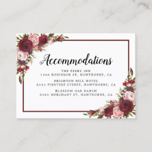 Rustic Burgundy Floral Wedding Hotel Accommodatie Visitekaartje