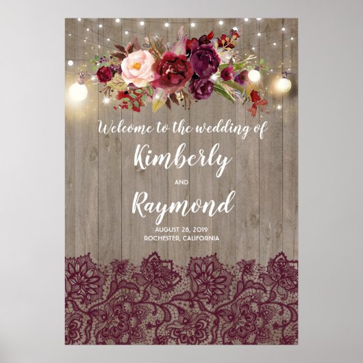 Rustic Burgundy Floral Wedding Welcome Sign Poster (Voorkant)