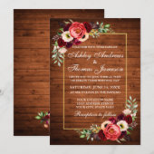 Rustic Burgundy Floral Wood Boho Wedding Invite Kaart (Voorkant / Achterkant)