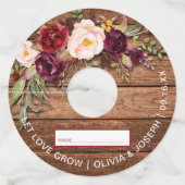 Rustic Burgundy Floral Wood Wedding Wijnglaslabel (Voorkant)