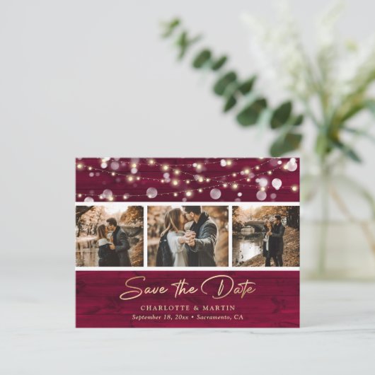 Rustic Burgundy Gold Wedding Photo Save the Date Aankondigingskaart (Staand voorkant)