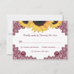 Rustic Burgundy Lace Sunflower Wedding RSVP-kaarte RSVP Kaartje