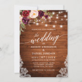 Rustic Burgundy Lights Lace Calligraphy Wedding Kaart (Voorkant)