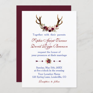 Rustic Burgundy Marsala Floral Antlers bruiloft Kaart