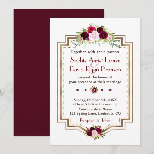 Rustic Burgundy Marsala Floral Gold Fall Wedding Kaart (Voorkant / Achterkant)