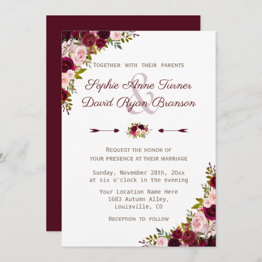 Rustic Burgundy Marsala Floral Wedding Kaart (Voorkant / Achterkant)