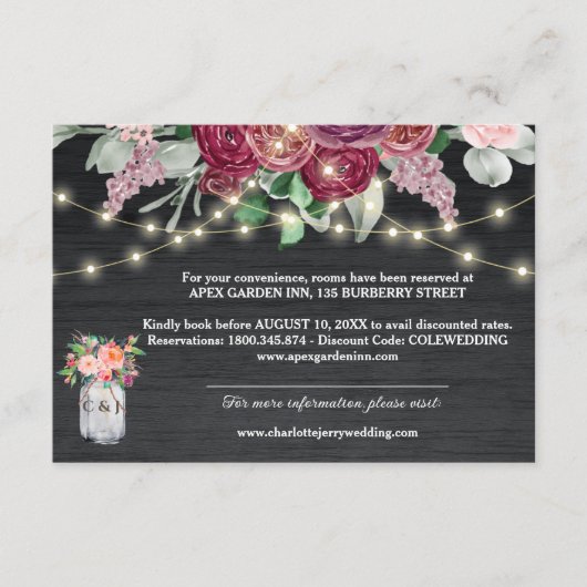 Rustic Burgundy Mason Jar Lights Wedding Details Informatiekaartje (Voorkant)