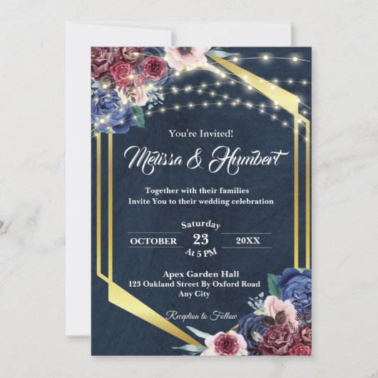Rustic Burgundy Navy Blue Gold Geometric Wedding Kaart (Voorkant)