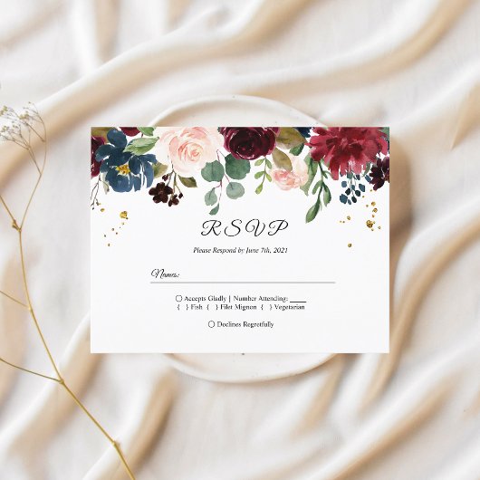 Rustic Burgundy Navy Blue & Red Beauty Flowers Uitnodiging Briefkaart