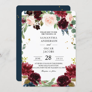 Rustic Burgundy Navy Blue & Red Flowers Lijst Kaart