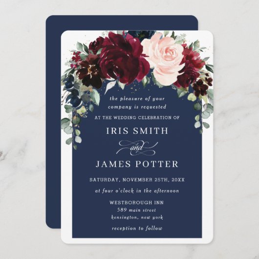 Rustic Burgundy Navy Blush Floral Arch Wedding Kaart (Voorkant / Achterkant)