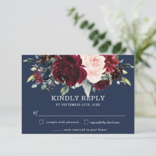 Rustic Burgundy Navy Blush Floral Greenery Wedding RSVP Kaartje