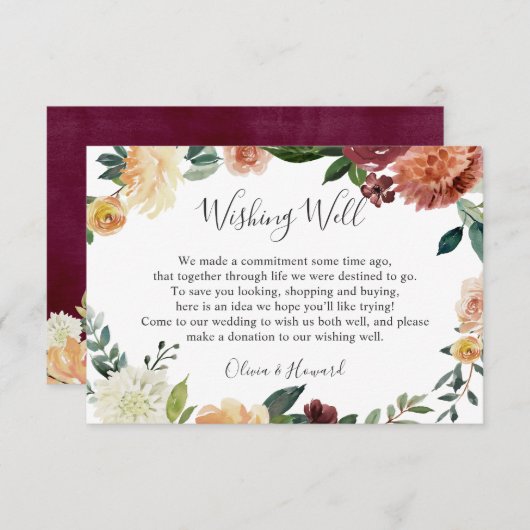 Rustic Burgundy Oranje Floral Wedding Goed Informatiekaartje (Voorkant / Achterkant)
