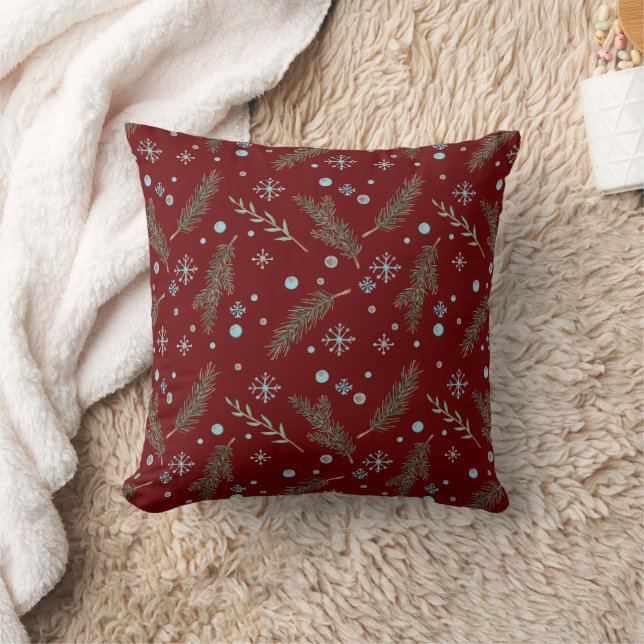 Rustic Burgundy Pine Branches Snowflakes Kussen (Deken)