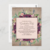 Rustic Burgundy Pink Floral Burlap Afstuderen Briefkaart (Voorkant / Achterkant)
