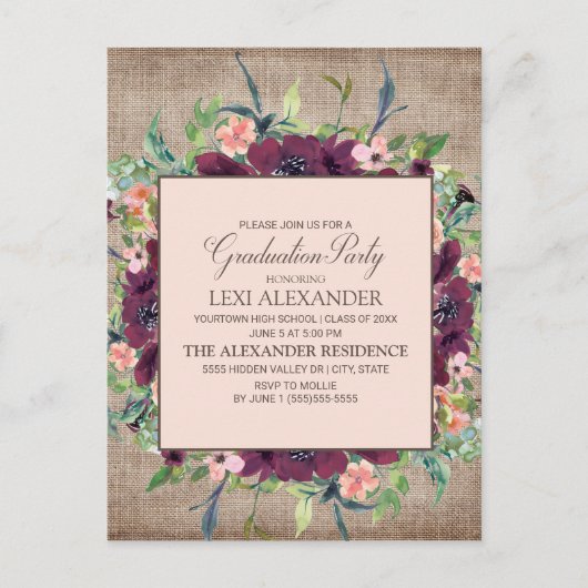 Rustic Burgundy Pink Floral Burlap Afstuderen Briefkaart (Voorkant)