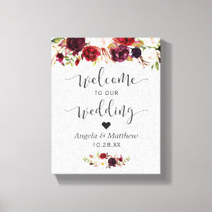 Rustic Burgundy Red Floral Welkom bruiloft Canvas Afdruk