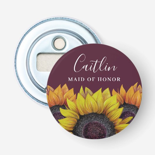 Rustic Burgundy Red Sunflower Maid of Honor Name Button Flesopener (Voorkant)
