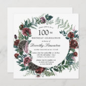 Rustic Burgundy Roos Floral 100th Birthday Kaart (Voorkant / Achterkant)