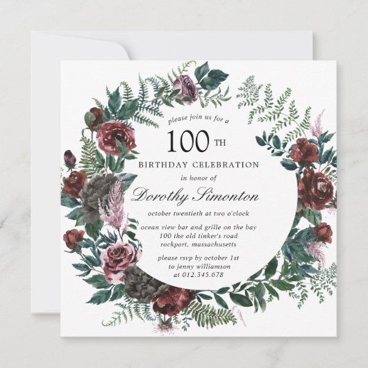 Rustic Burgundy Roos Floral 100th Birthday Kaart (Voorkant)