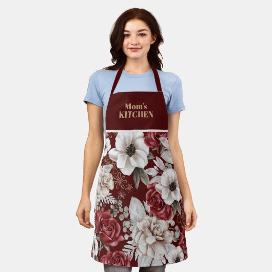 Rustic Burgundy Roos Floral Pattern Schort (Gedragen)