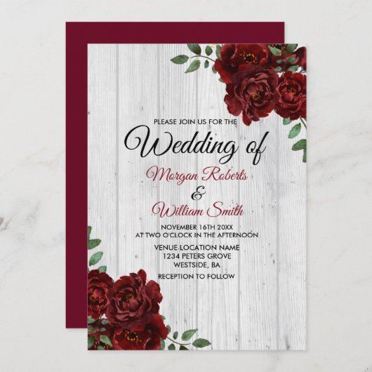 Rustic Burgundy Roos Romantic Wedding Invitation Kaart (Voorkant / Achterkant)