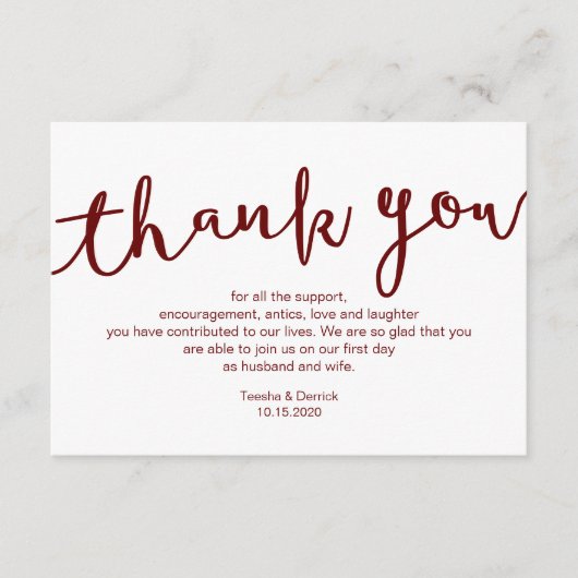 Rustic Burgundy Script, bruiloft Dank je Informatiekaartje (Voorkant)