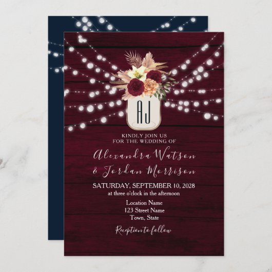 Rustic Burgundy String Lights Wedding Invitation Kaart (Voorkant / Achterkant)