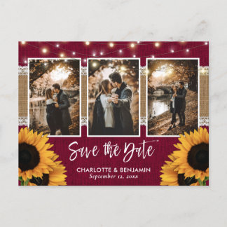 Rustic Burgundy Sunflower Foto Save the Date Aankondigingskaart