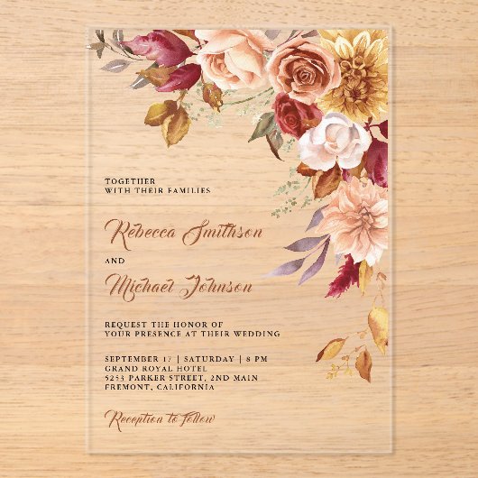 Rustic Burgundy Terracotta Floral Wedding Acryl Uitnodigingen (Voorkant)