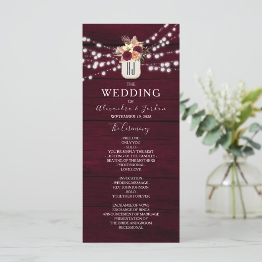 Rustic Burgundy Wedding Programme Programma (Staand voorkant)