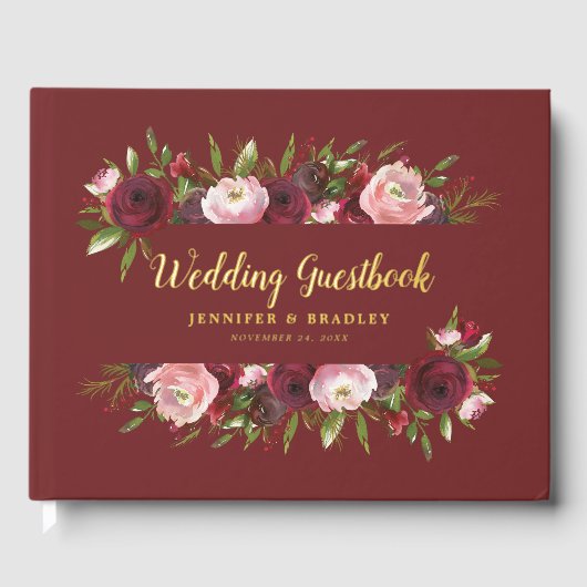Rustic Burgundy White Floral Waterverf Wedding Gastenboek (Voorkant)