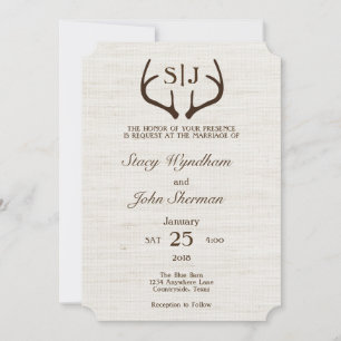 Rustic Burlap and Antler Wedding Invitation Card Kaart
