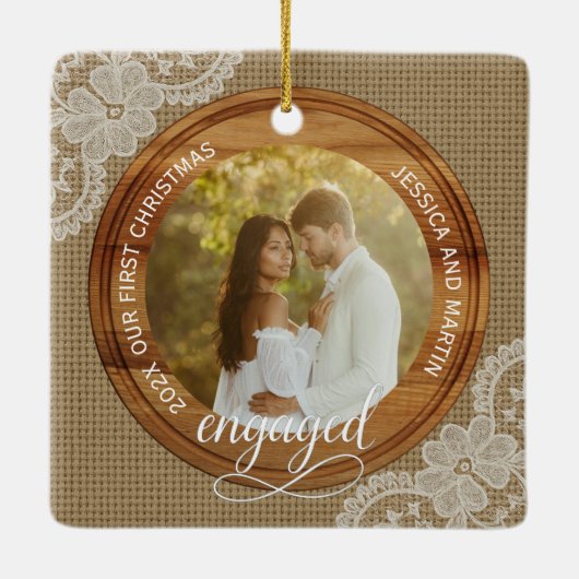 Rustic Burlap and Lace First Christmas engaged Keramisch Ornament (Achterkant)