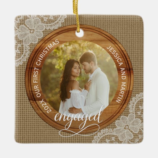 Rustic Burlap and Lace First Christmas engaged Keramisch Ornament (Voorkant)