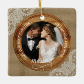 Rustic Burlap and Lace First Christmas married Keramisch Ornament (Voorkant)