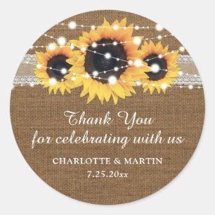 Rustic Burlap and Lace Sunflower Wedding Bedankt Ronde Sticker