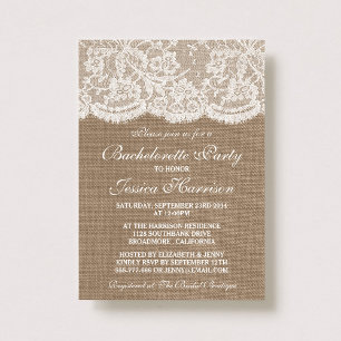 Rustic Burlap and White Lace Bachelorette Party Kaart