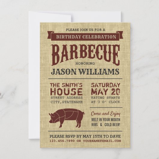 Rustic Burlap Anniversaire Fête BBQ Invitations (Devant)
