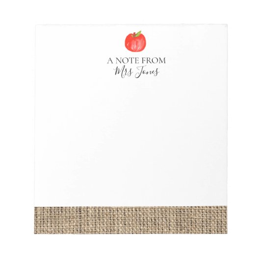 Rustic burlap apple teachers gift notepad notitieblok (Voorkant)