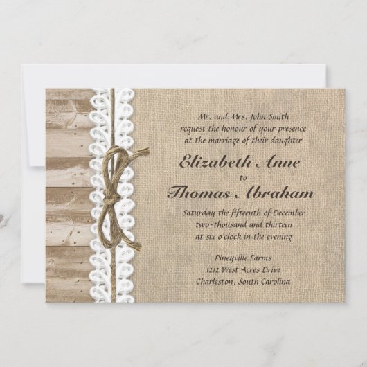 Rustic Burlap Barn Wood Twine Wedding Invitting Kaart (Voorkant)