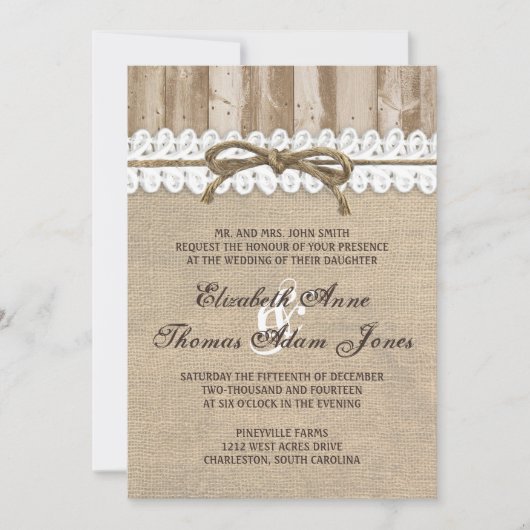Rustic Burlap Barn Wood Twine Wedding Uitnodiging (Voorkant)