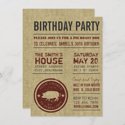 Rustic Burlap BBQ Birthday Party Kaart (Voorkant / Achterkant)