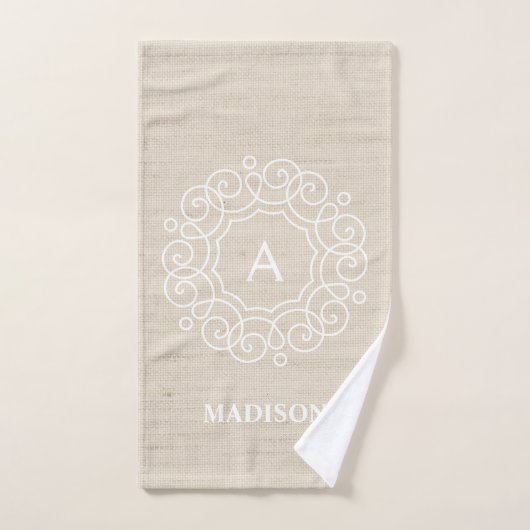 Rustic Burlap Beige Farmhouse Monogram Bad Handdoek (Handdoek)