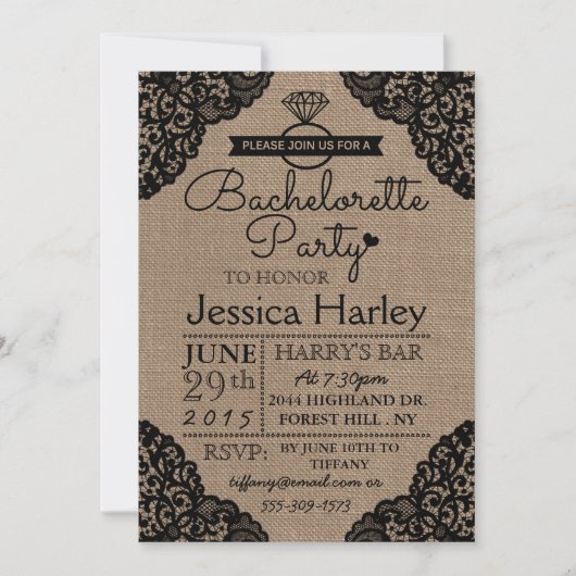 Rustic Burlap & Black Lace Bachelorette Party Kaart (Voorkant)